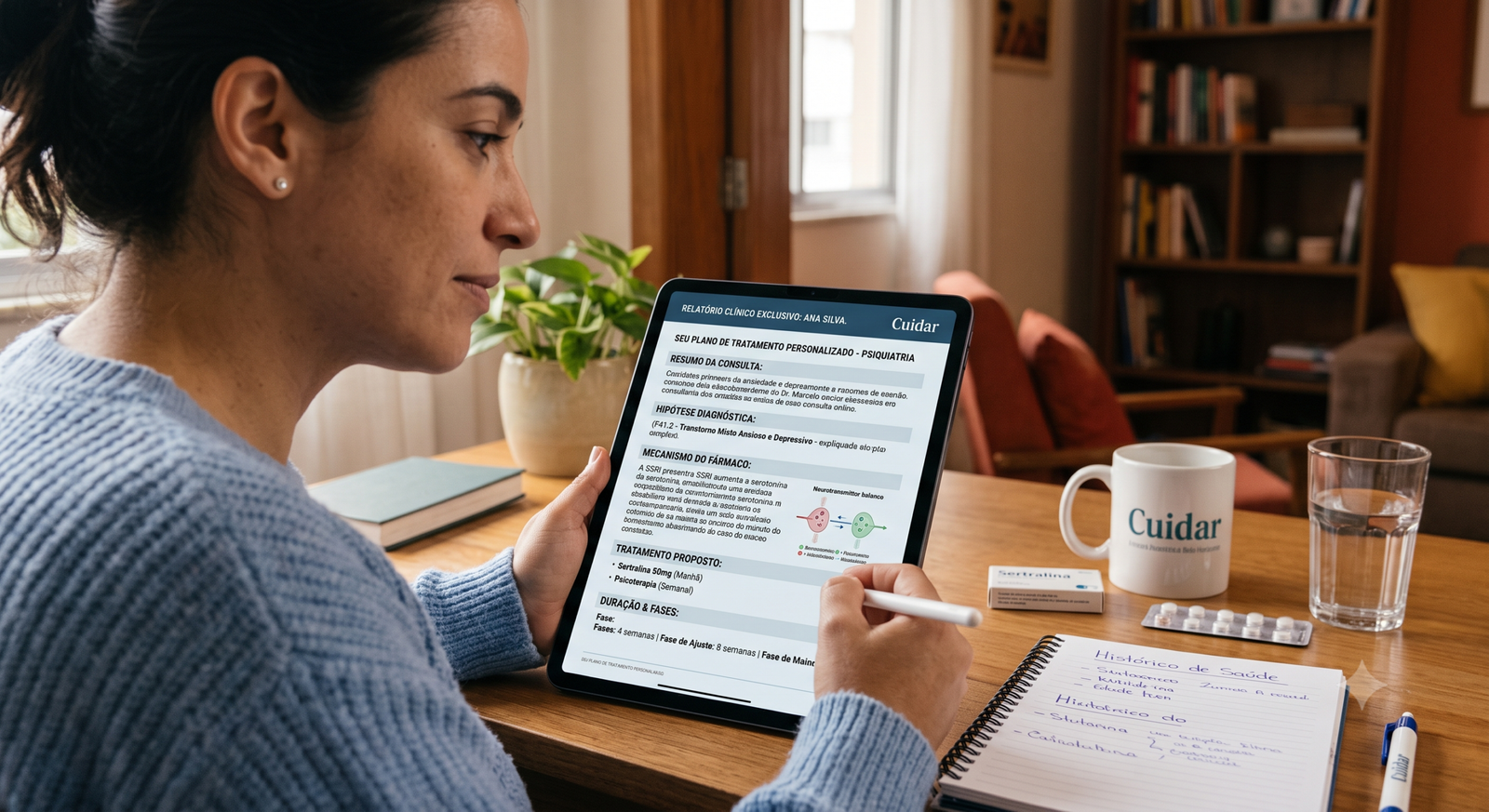 Close-up da paciente, de perfil, sentada à mesa de sua casa. Ela segura um tablet que exibe um relatório médico digital detalhado com o título "SEU PLANO DE TRATAMENTO PERSONALIZADO". Com uma caneta stylus, ela aponta para as seções do documento.