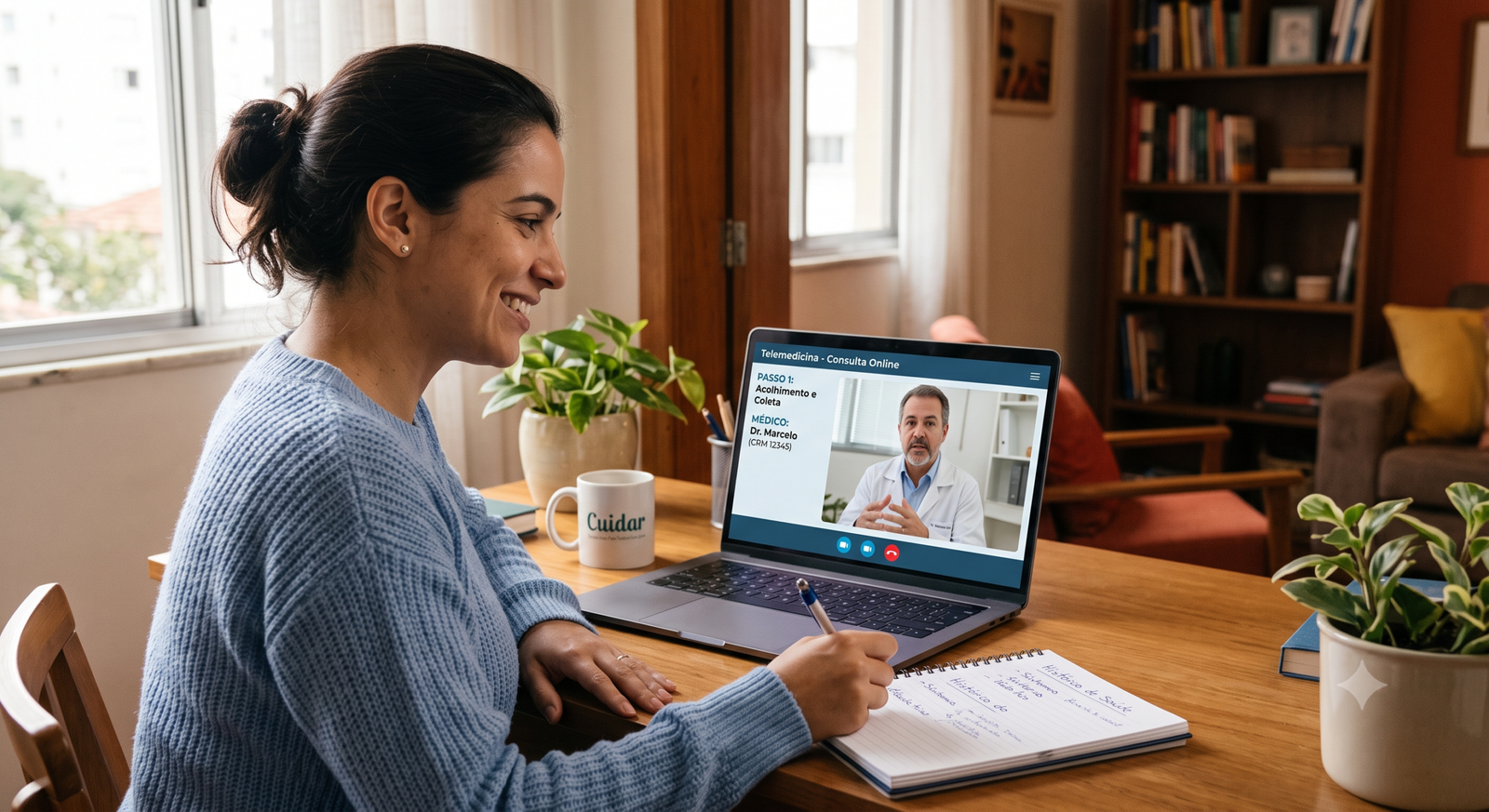 Mulher sorrindo e anotando informações em um caderno durante consulta médica por telemedicina no notebook. A tela do computador mostra o médico e o texto "PASSO 1: Acolhimento e Coleta".